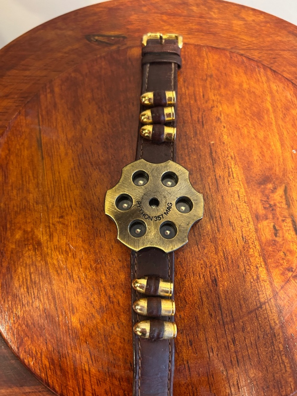 Python 357 MAG Revolver Cylinder Statement Watch with Brown Leather Strap.